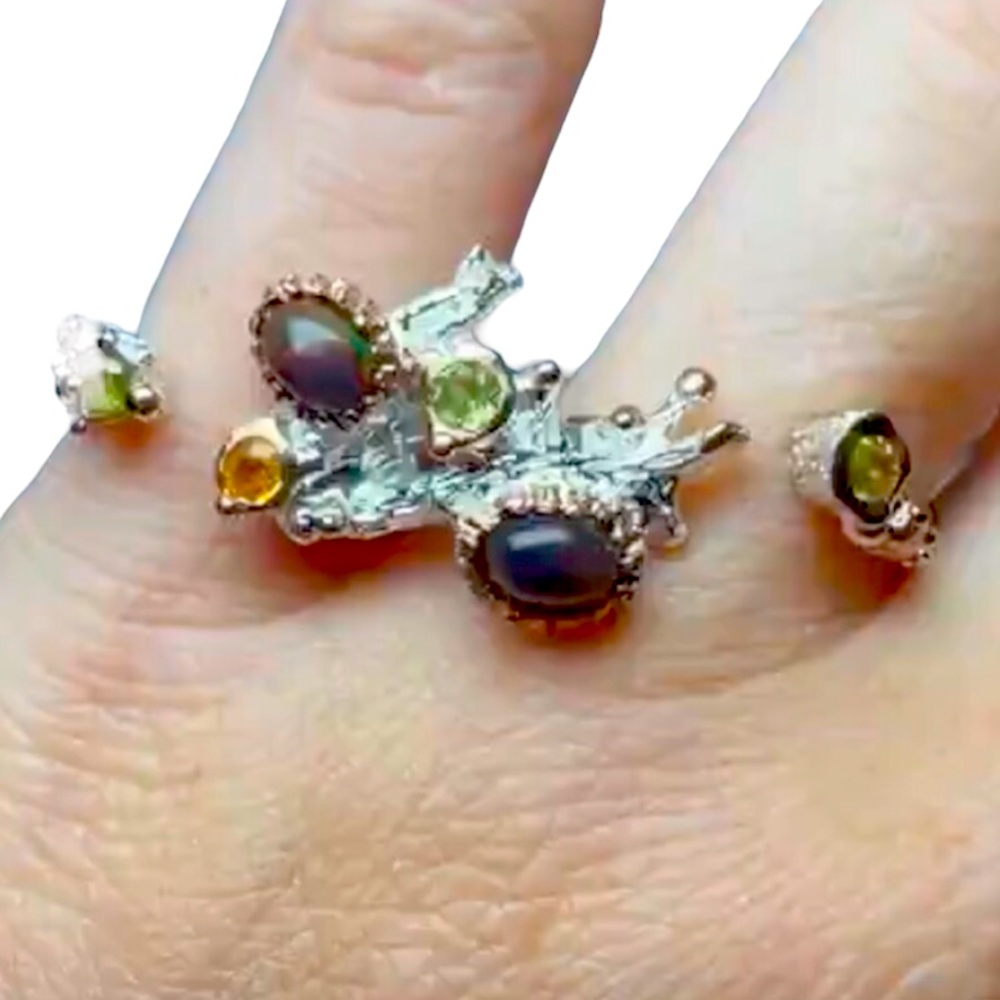 Sterling silver and genuine black opal, peridot and citrine double finger ring